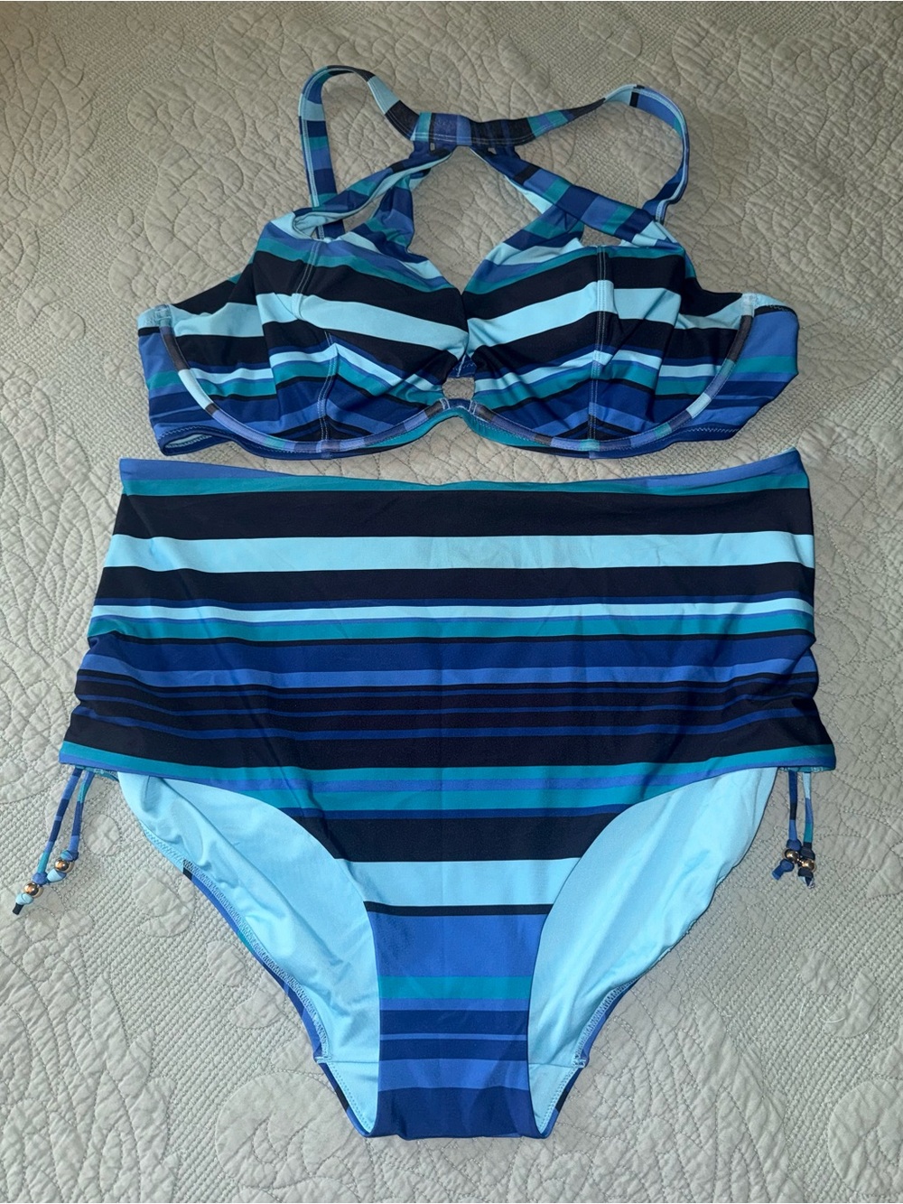 City Chic Blue Multi-Striped Two-Piece High Waisted Bikini